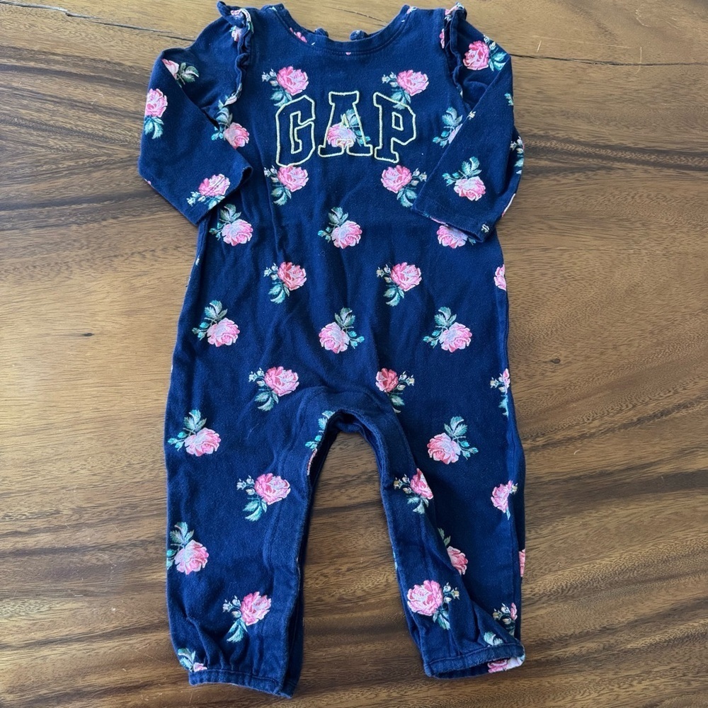 GAP Navy Blue Romper with Pink Floral Pattern 12-18M